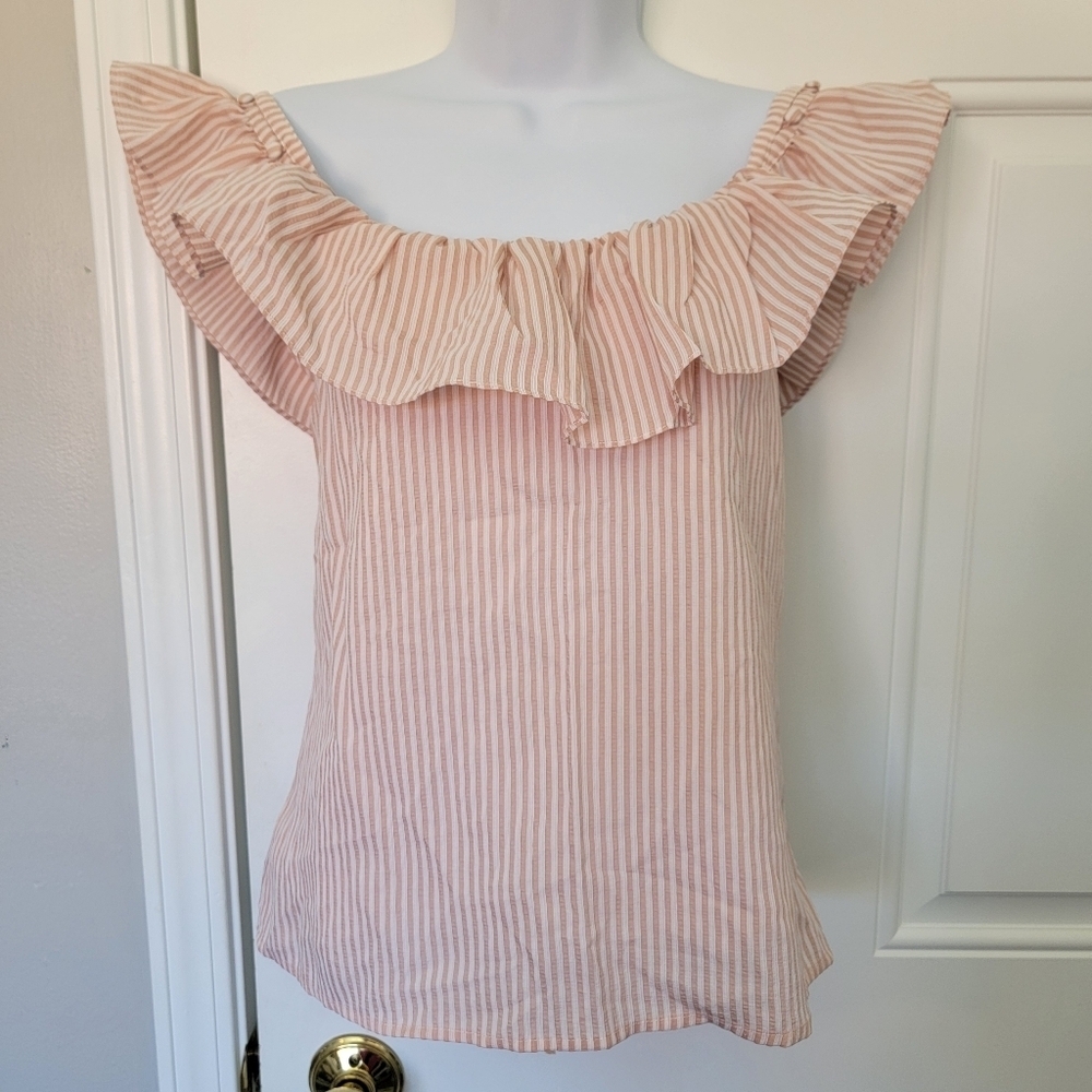 Club Monaco Ruffled Off The Shoulder Pink White Striped Lined Top Size Small